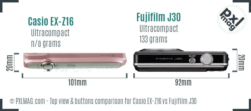 Casio EX-Z16 vs Fujifilm J30 top view buttons comparison Casio EX-Z16 vs Fujifilm J30 top view buttons comparison