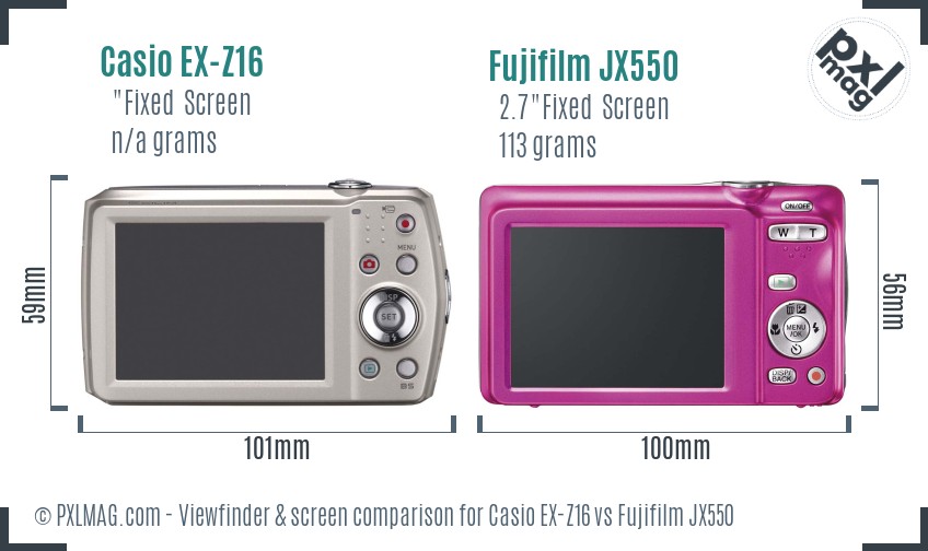 Casio EX-Z16 vs Fujifilm JX550 Screen and Viewfinder comparison