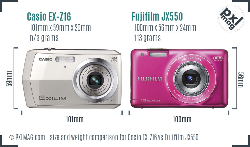 Casio EX-Z16 vs Fujifilm JX550 size comparison