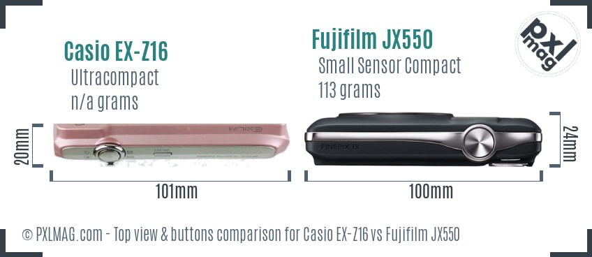 Casio EX-Z16 vs Fujifilm JX550 top view buttons comparison