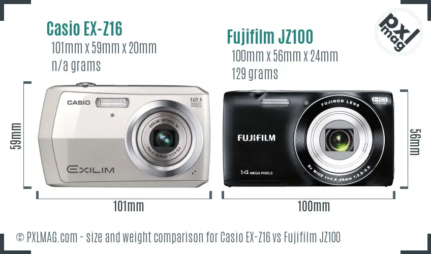 Casio EX-Z16 vs Fujifilm JZ100 size comparison