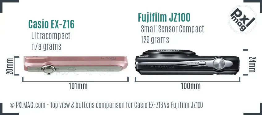 Casio EX-Z16 vs Fujifilm JZ100 top view buttons comparison