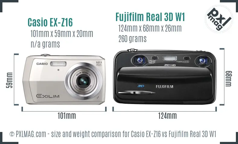 Casio EX-Z16 vs Fujifilm Real 3D W1 size comparison