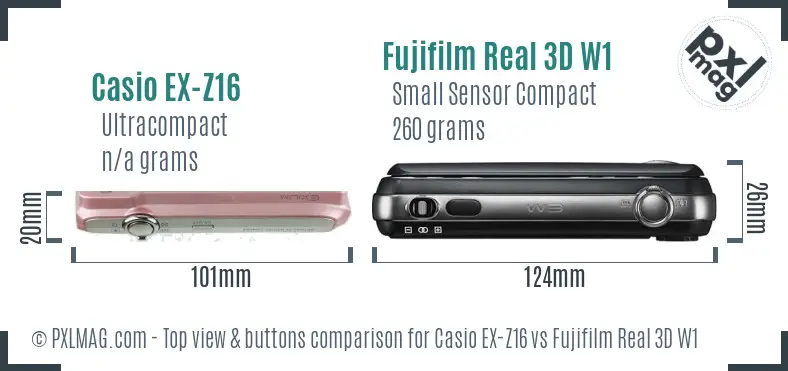 Casio EX-Z16 vs Fujifilm Real 3D W1 top view buttons comparison