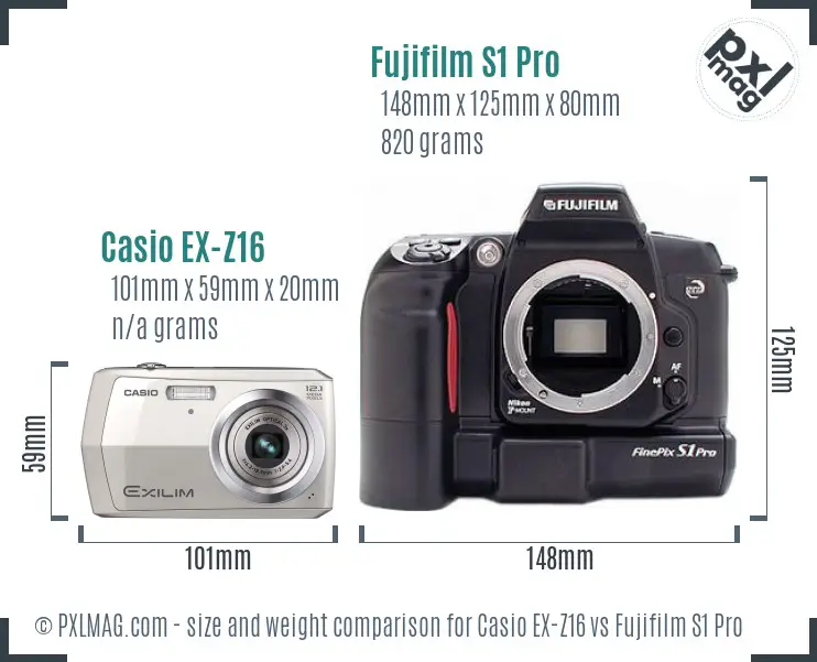 Casio EX-Z16 vs Fujifilm S1 Pro size comparison Casio EX-Z16 vs Fujifilm S1 Pro size comparison