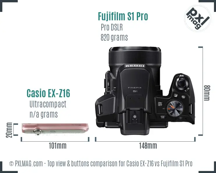 Casio EX-Z16 vs Fujifilm S1 Pro top view buttons comparison