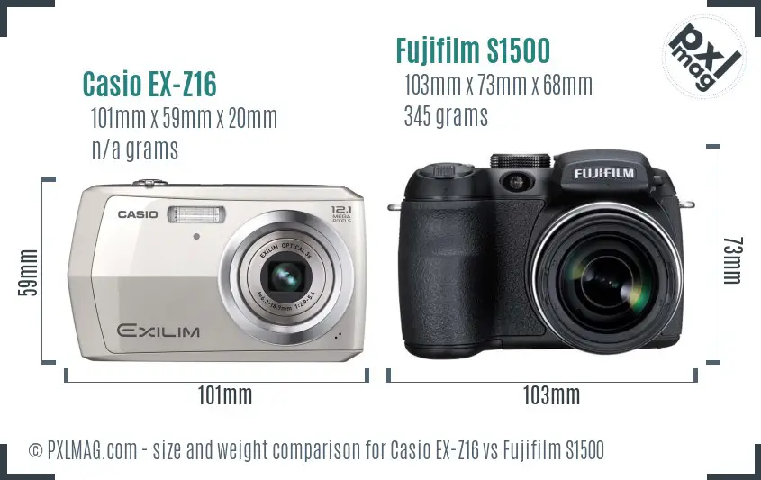 Casio EX-Z16 vs Fujifilm S1500 size comparison Casio EX-Z16 vs Fujifilm S1500 size comparison