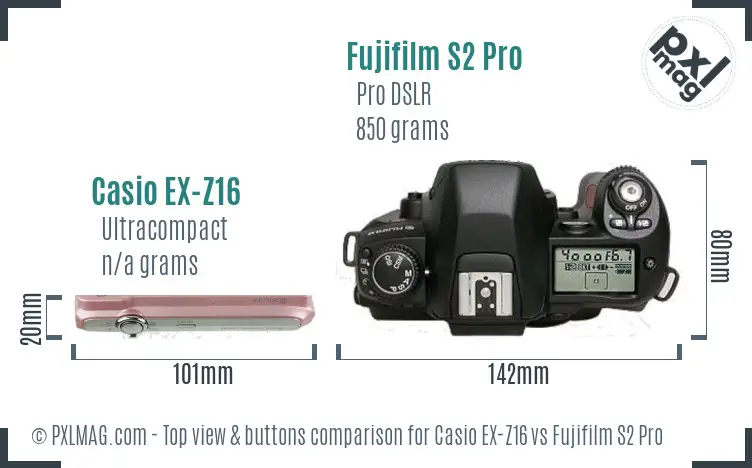 Casio EX-Z16 vs Fujifilm S2 Pro top view buttons comparison