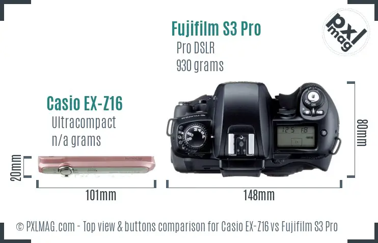 Casio EX-Z16 vs Fujifilm S3 Pro top view buttons comparison Casio EX-Z16 vs Fujifilm S3 Pro top view buttons comparison