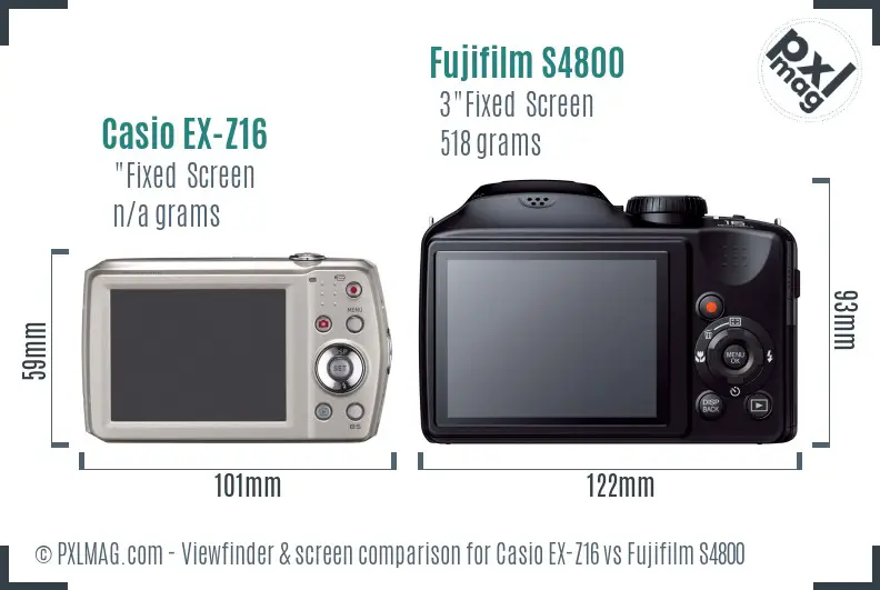 Casio EX-Z16 vs Fujifilm S4800 Screen and Viewfinder comparison