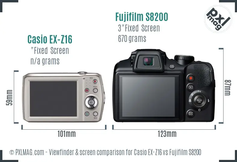Casio EX-Z16 vs Fujifilm S8200 Screen and Viewfinder comparison