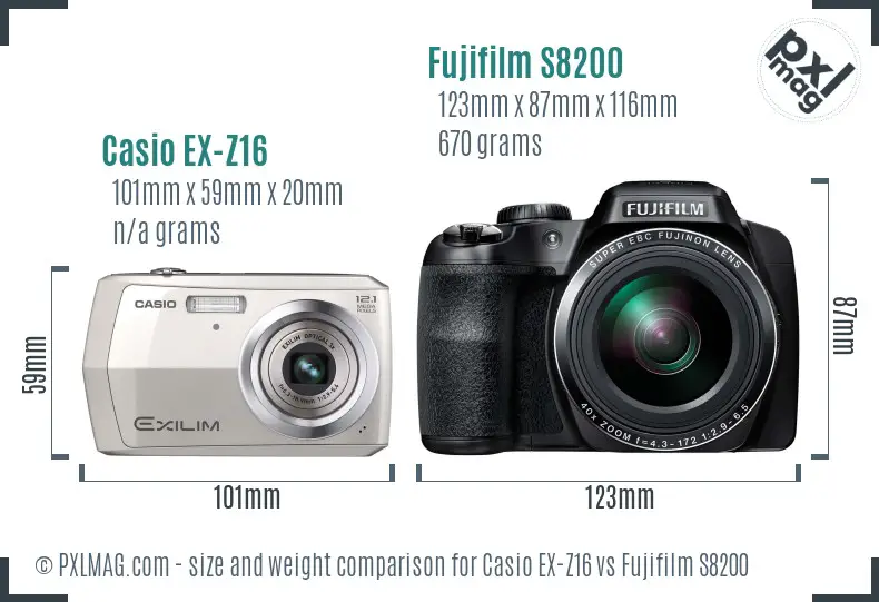 Casio EX-Z16 vs Fujifilm S8200 size comparison