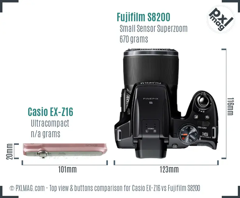 Casio EX-Z16 vs Fujifilm S8200 top view buttons comparison
