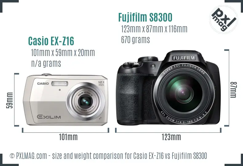 Casio EX-Z16 vs Fujifilm S8300 size comparison