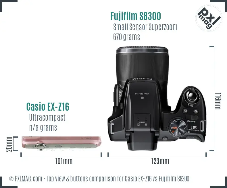 Casio EX-Z16 vs Fujifilm S8300 top view buttons comparison