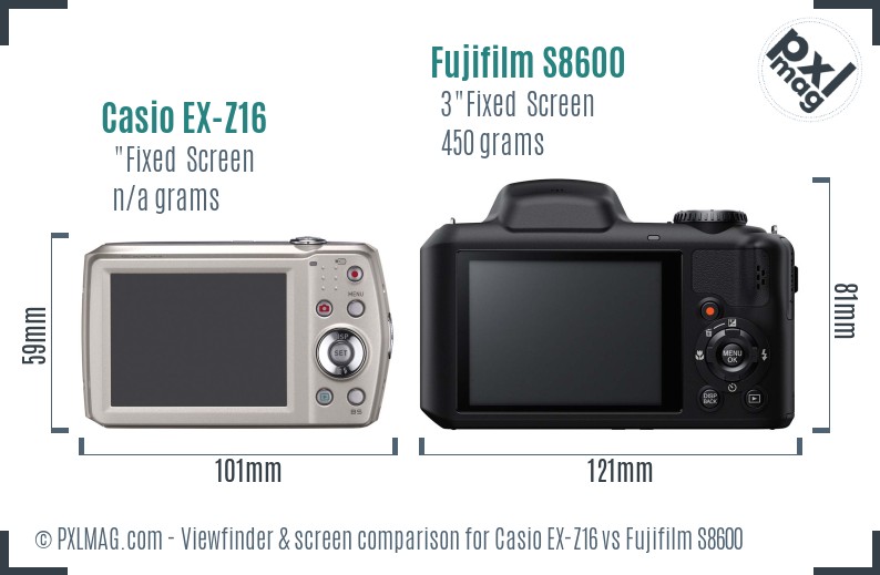 Casio EX-Z16 vs Fujifilm S8600 Screen and Viewfinder comparison