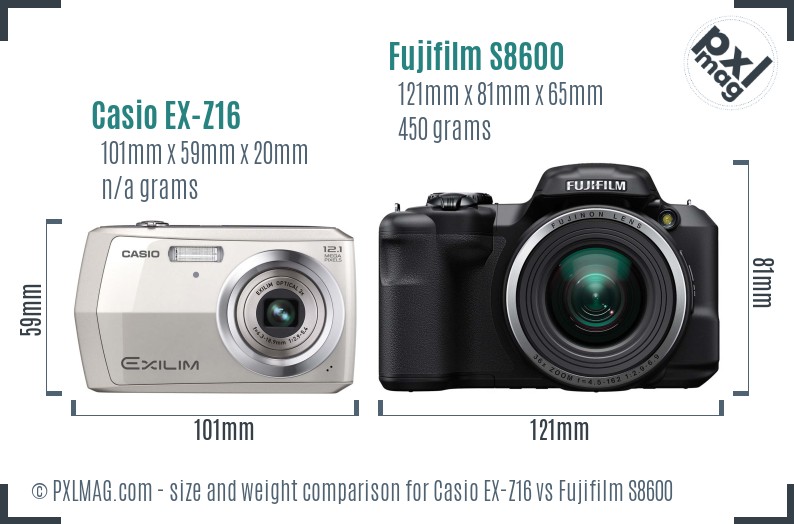 Casio EX-Z16 vs Fujifilm S8600 size comparison Casio EX-Z16 vs Fujifilm S8600 size comparison