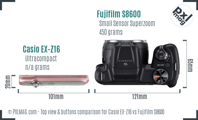 Casio EX-Z16 vs Fujifilm S8600 top view buttons comparison