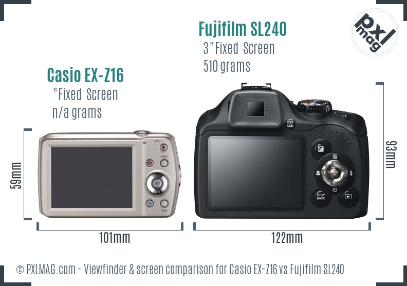 Casio EX-Z16 vs Fujifilm SL240 Screen and Viewfinder comparison