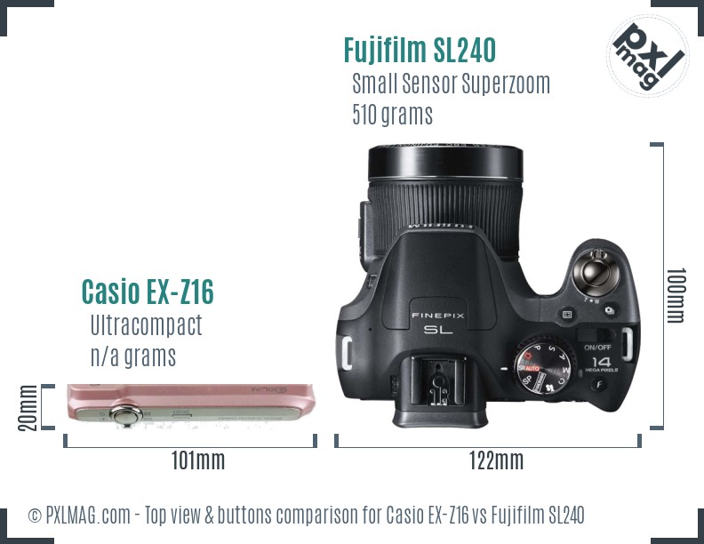 Casio EX-Z16 vs Fujifilm SL240 top view buttons comparison