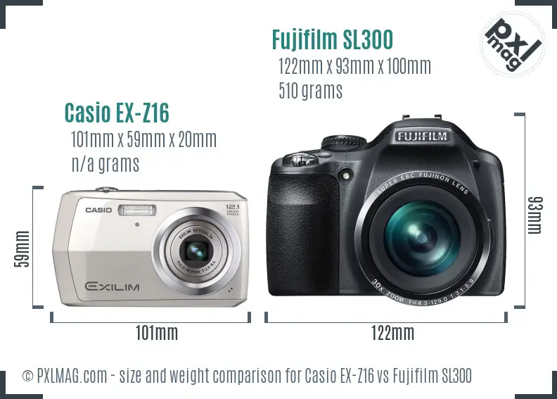 Casio EX-Z16 vs Fujifilm SL300 size comparison Casio EX-Z16 vs Fujifilm SL300 size comparison