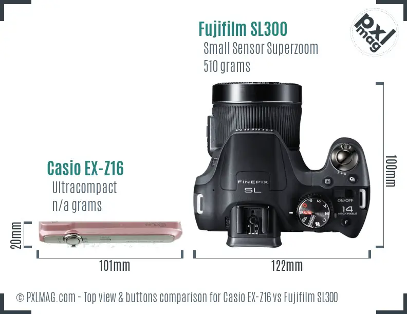 Casio EX-Z16 vs Fujifilm SL300 top view buttons comparison