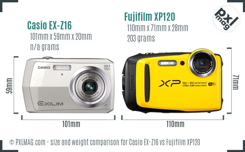 Casio EX-Z16 vs Fujifilm XP120 size comparison Casio EX-Z16 vs Fujifilm XP120 size comparison