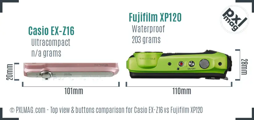 Casio EX-Z16 vs Fujifilm XP120 top view buttons comparison