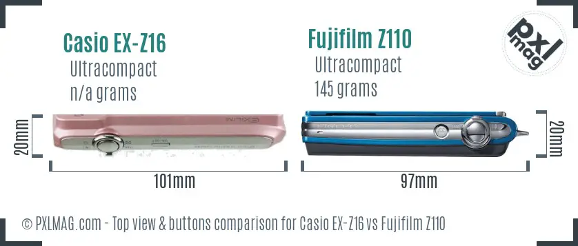 Casio EX-Z16 vs Fujifilm Z110 top view buttons comparison Casio EX-Z16 vs Fujifilm Z110 top view buttons comparison