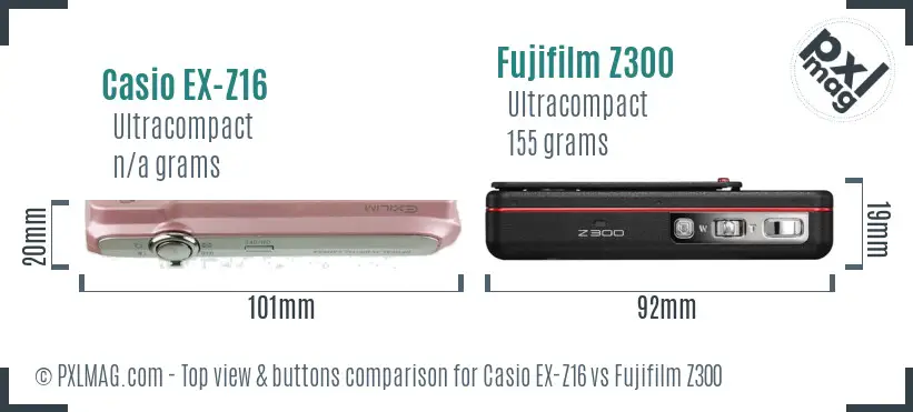 Casio EX-Z16 vs Fujifilm Z300 top view buttons comparison