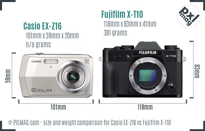 Casio EX-Z16 vs Fujifilm X-T10 size comparison