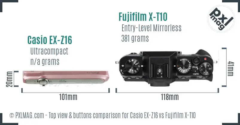 Casio EX-Z16 vs Fujifilm X-T10 top view buttons comparison
