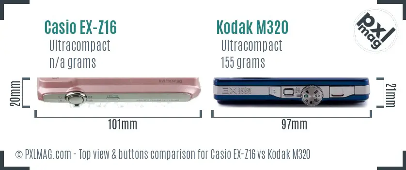 Casio EX-Z16 vs Kodak M320 top view buttons comparison Casio EX-Z16 vs Kodak M320 top view buttons comparison