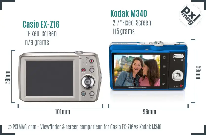 Casio EX-Z16 vs Kodak M340 Screen and Viewfinder comparison