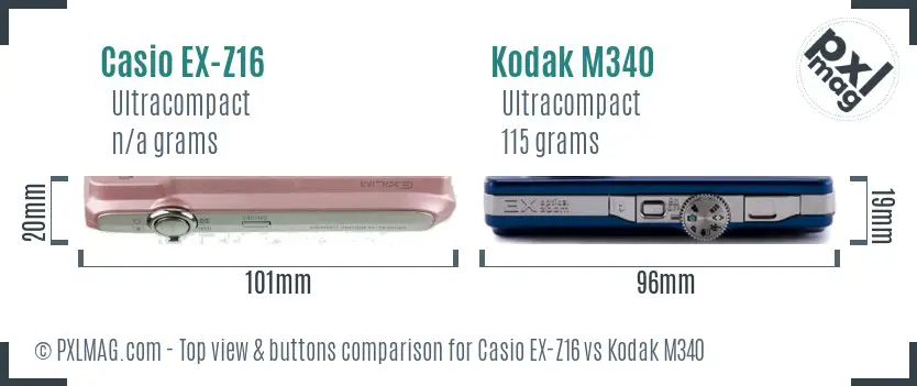 Casio EX-Z16 vs Kodak M340 top view buttons comparison