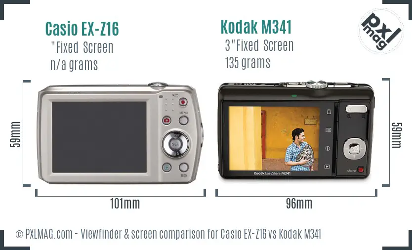Casio EX-Z16 vs Kodak M341 Screen and Viewfinder comparison