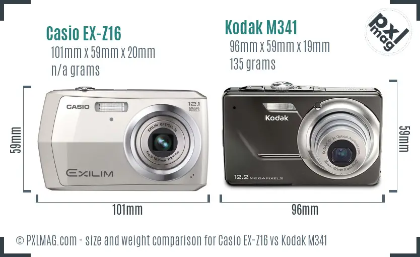 Casio EX-Z16 vs Kodak M341 size comparison