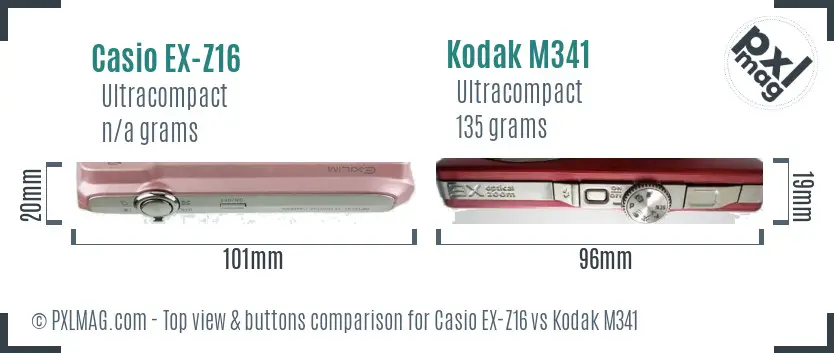 Casio EX-Z16 vs Kodak M341 top view buttons comparison