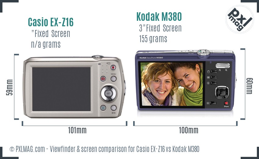 Casio EX-Z16 vs Kodak M380 Screen and Viewfinder comparison