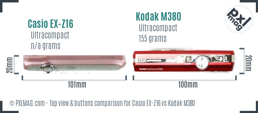 Casio EX-Z16 vs Kodak M380 top view buttons comparison