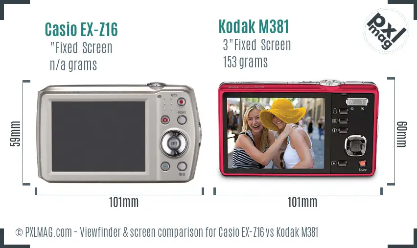 Casio EX-Z16 vs Kodak M381 Screen and Viewfinder comparison