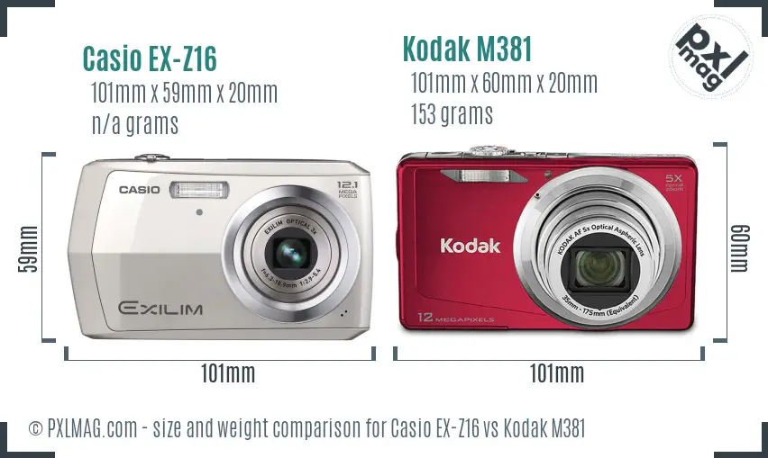 Casio EX-Z16 vs Kodak M381 size comparison