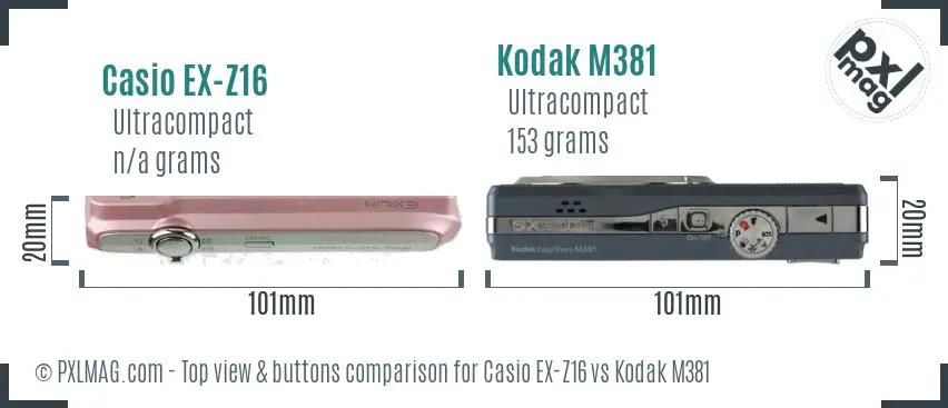 Casio EX-Z16 vs Kodak M381 top view buttons comparison