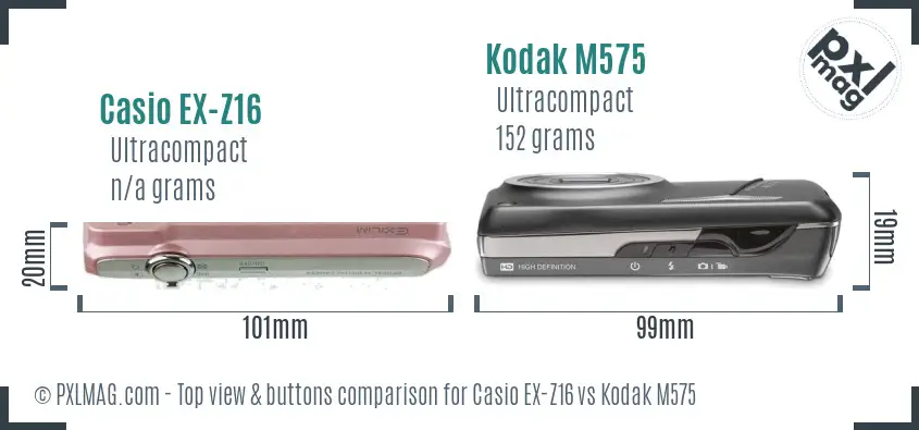 Casio EX-Z16 vs Kodak M575 top view buttons comparison Casio EX-Z16 vs Kodak M575 top view buttons comparison