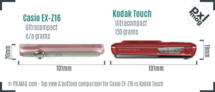Casio EX-Z16 vs Kodak Touch top view buttons comparison