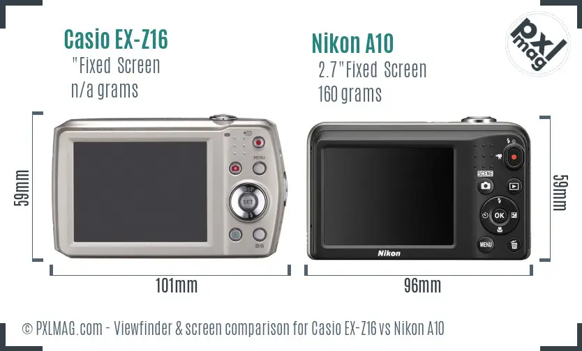 Casio EX-Z16 vs Nikon A10 Screen and Viewfinder comparison