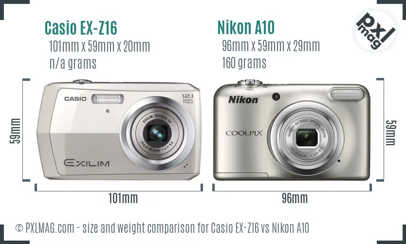Casio EX-Z16 vs Nikon A10 size comparison