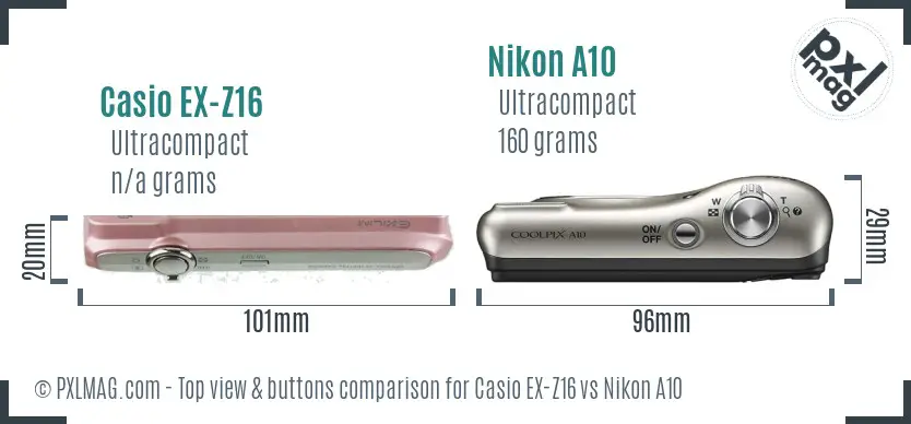 Casio EX-Z16 vs Nikon A10 top view buttons comparison