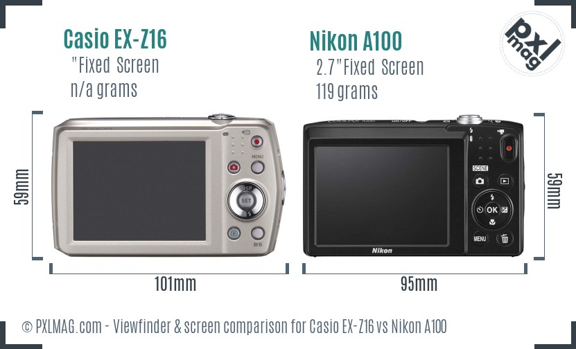 Casio EX-Z16 vs Nikon A100 Screen and Viewfinder comparison