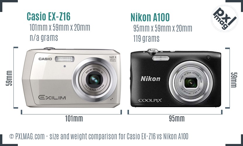Casio EX-Z16 vs Nikon A100 size comparison